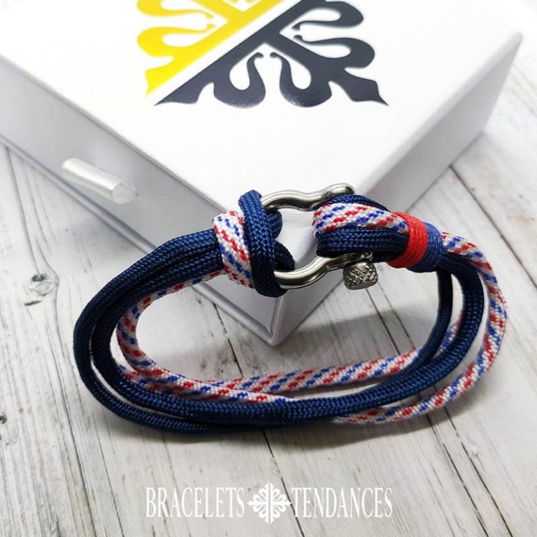 Bracelet marin avec manille en cordage de bateau et acier inoxydable, Bleu avec traceurs noir et rose, Medium main image 0