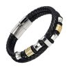 Bracelet Cuir Double Corde Tresse Noir Insert Acier Argent Or - Bracelets tendances.fr