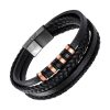 Bracelet cuir noir & rouleaux acier or rose quatre tours