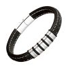 bracelet cuir noir surpiqure blanche et motif acier argenté
