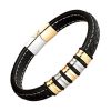 bracelet cuir noir couture blanche et acier argenté et doré