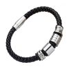 Bracelet Homme Cuir Corde Tresse Noir Inserts Acier Argent Bracelets tendances
