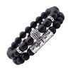 Bracelet Homme Pierre Volcanique Double Acier Argent Zircons Noir Bracelets-tendances.fr