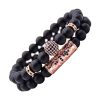 Bracelet Homme Pierre Volcanique Double Acier Or Rose Zircons Noir Bracelets-tendances.fr
