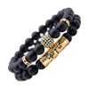 Bracelet Homme Pierre Volcanique Double Acier Or Zircons Noir Bracelets-tendances.fr