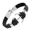Bracelet Homme Ancre Marine Cuir Noir Acier Argent Bracelets-tendances.fr