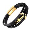 Bracelet Ancre Croix Or sur Cuir Noir Trois Rangs Bracelets Homme Tendances