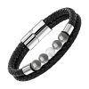 Bracelet Cuir Tresse Double Pierres Grises et Perle Centrale Blanche sur Inserts Acier - Bracelets tendances.fr