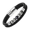 Bracelet Cuir Tresse Double Pierres Grises et Perle Centrale Noire sur Inserts Acier - Bracelets tendances.fr