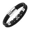 Bracelet Cuir Tresse Double Pierres Volcanique Noires et Perle Centrale Grise sur Inserts Acier - Bracelets tendances.fr