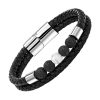 Bracelet Cuir Tresse Double Pierres Volcanique Noires et Perle Centrale Blanche sur Inserts Acier - Bracelets tendances.fr