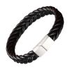 bracelet noir natte de cuir tressé avec un fermoir en acier argent brossé