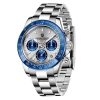 montre acier chrono sport lunette bleue cadran gris homme