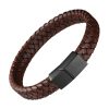 bracelet plat cuir marron tressé avec fermoir noir acier brossé
