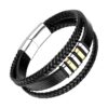 bracelet en cuir noir triple rang inserts argent et or
