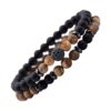 bracelet en pierres de lave noir & perles beiges double