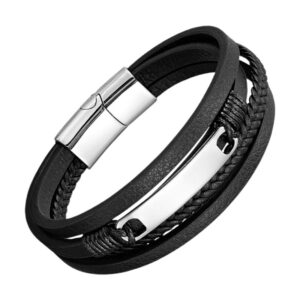 bracelet cuir acier argent 4 rangs