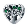 Charm en argent 925 en forme de cœur avec arbre de vie et zircons verts, symbole de liens familiaux
