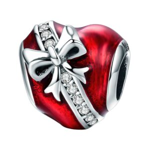 Charm cœur rouge ruban en argent 925 et zircons pour bracelet femme