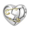 Charm en forme de cœur brisé en argent sterling avec deux épingles dorées, bijou symbolique