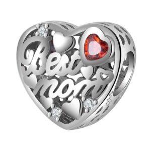 Charm en forme de cœur ajouré gravé Best Mom en argent 925 avec zircon rouge, cadeau idéal pour maman