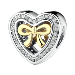 Charm en forme de cœur en argent avec nœud doré et pavage de zircons blancs