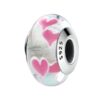 charm espaceur en verre blanc neige avec cœurs roses en argent sterling