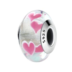 charm espaceur en verre blanc neige avec cœurs roses en argent sterling