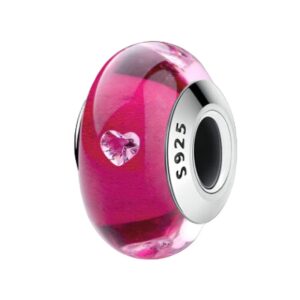 charm espaceur en verre cerise avec cœur gravé et monture argent 925