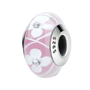 charm espaceur en verre rose décoré de fleurs blanches et serti d'argent sterling