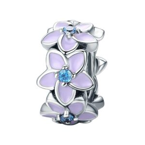 Charm espaceur fleurs mauves en argent 925 avec zircons bleus scintillants