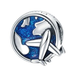 Charm monde avion argent sterling 925 émaillé bleu avec globe et avion