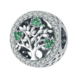 Charm arbre de vie rond en argent 925 avec zircons verts sur fond ajouré