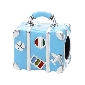 Charm valise voyage en argent sterling 925 bleu ciel avec motifs d’avion