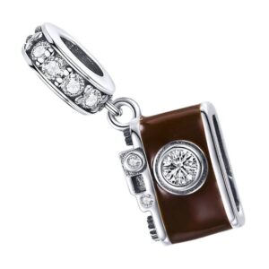 Image du charm appareil photo argent en pendentif avec zircons brillants et finition émaillée marron