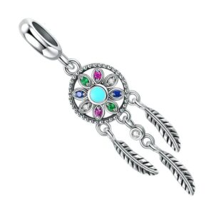 pendentif charm attrape rêves argent 925 avec zircon et plumes pendantes