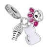 charm chat poisson patte en argent et zircons roses