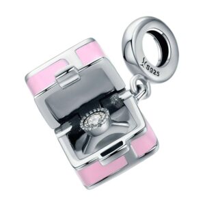 Charm coffre au trésor en argent sterling 925 avec zircon et émail rose
