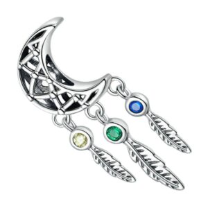 Charm lune et plumes en argent 925 avec zircons bleu, vert et jaune suspendus