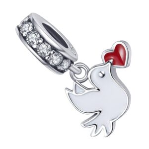 Charm oiseau cœur argent avec zircons et cœur rouge émaillé