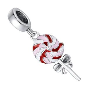 Charm sucette en argent 925 avec émail rouge, rose et nœud argenté