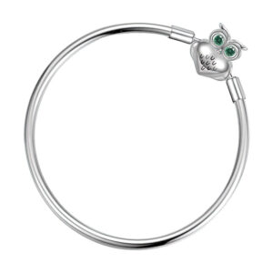 bracelet charm rigide fermoir chouette argent avec yeux zircons verts