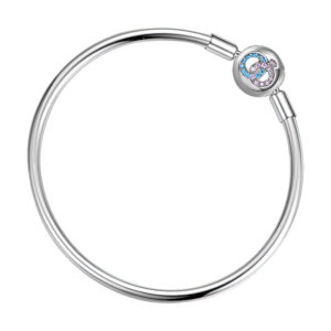 bracelet rigide porte charms en argent avec fermoir anneaux zircons bleus et roses