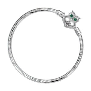 bracelet argent fermoir hibou maille serpent yeux zircons verts