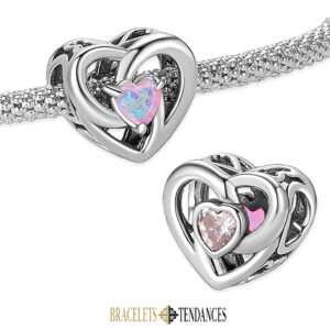 Charm cœur en argent avec opale rose et zircon côté double face