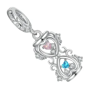 Charm sablier en argent avec cœurs rose et bleu sertis de zircons brillants
