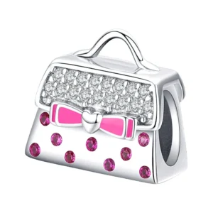 Charm sac à main argent avec nœud rose, cristaux roses et zircons blancs