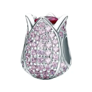 charm tulipe en argent avec zircons roses et cœur rouge
