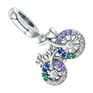 charm vélo love argent en pendentif avec zircons multicolores