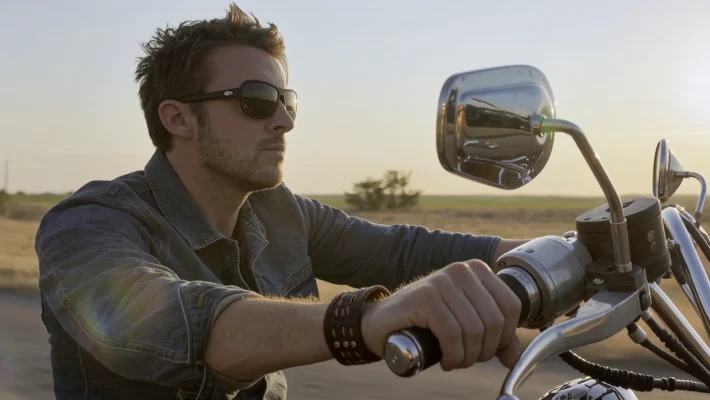 Homme conduisant une moto au coucher du soleil, portant un bracelet de force en cuir marron au poignet gauche, symbole d’un style libre et viril.
